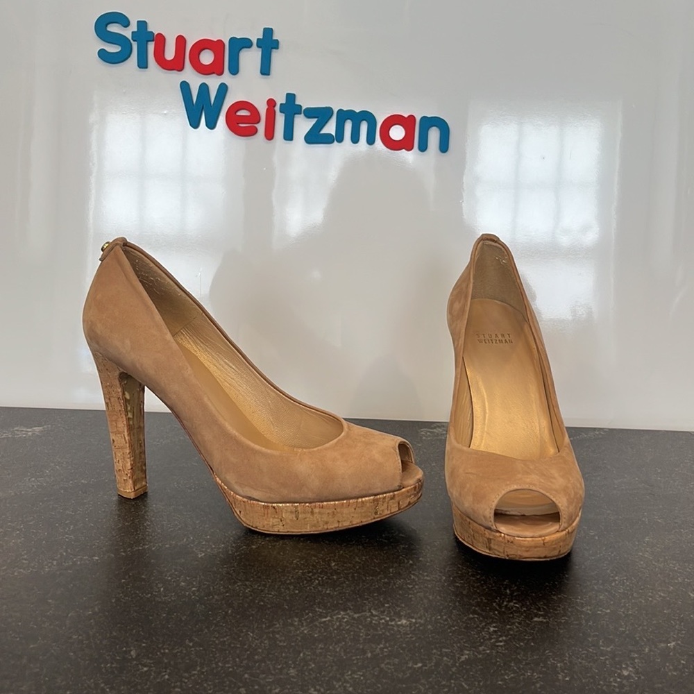Stuart Weitzman suede peep toe heels with gold cork soles. Size 8.5M